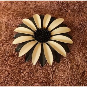 Vintage Large Enamel On Metal Black & White Daisy Flower Power Pin 3" Retro
